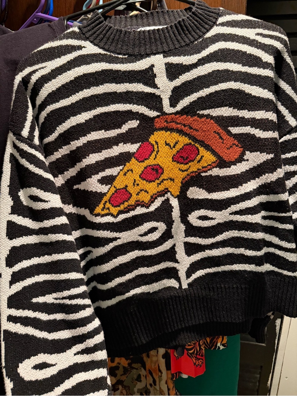 ZARA women’s size large- Black & White Zebra Stripe Sweater with Pizza slice